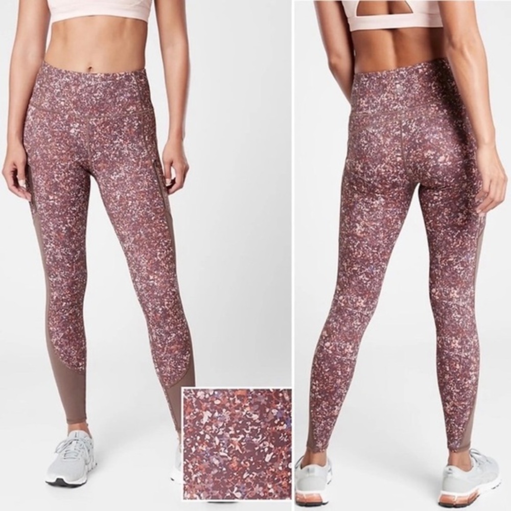 Athleta Rainier Printed Mesh Tight‎ in Sandstone Smoked Almond